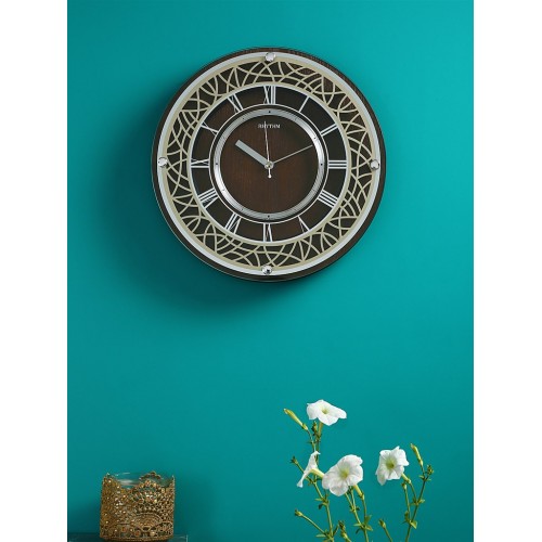 Rhythm (Japan) Brown Glass Round Clock Value Added Wall Clock Silent Silky Move Woodgrain Case/Glass Case Wall Clock ⌀29.8x29.8x4.8cm